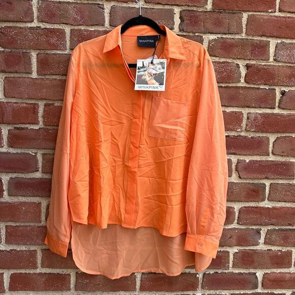 MINKPINK oversized orange button front shirt womens medium NWT - Picture 1 of 6